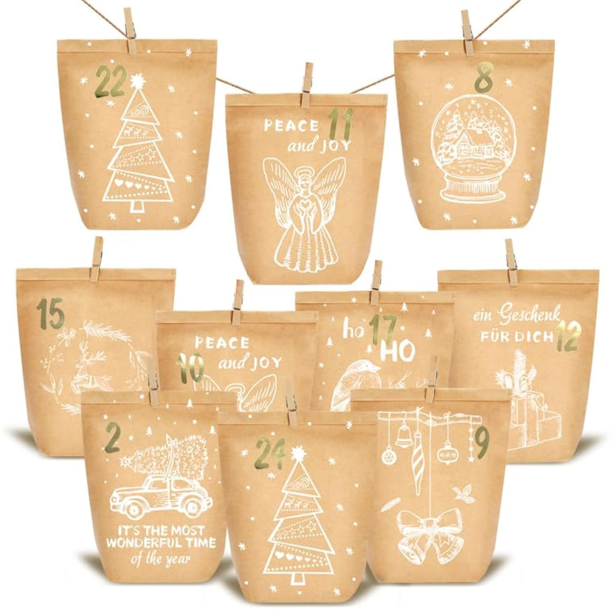 Adventskalender zum Befüllen, 24 Weihnachtskalender Papiertüten zum Selber Basteln, Geschenktüten zum selbst füllen, Advents Tüten Selbstbefüllen für Kinder & Erwachsene