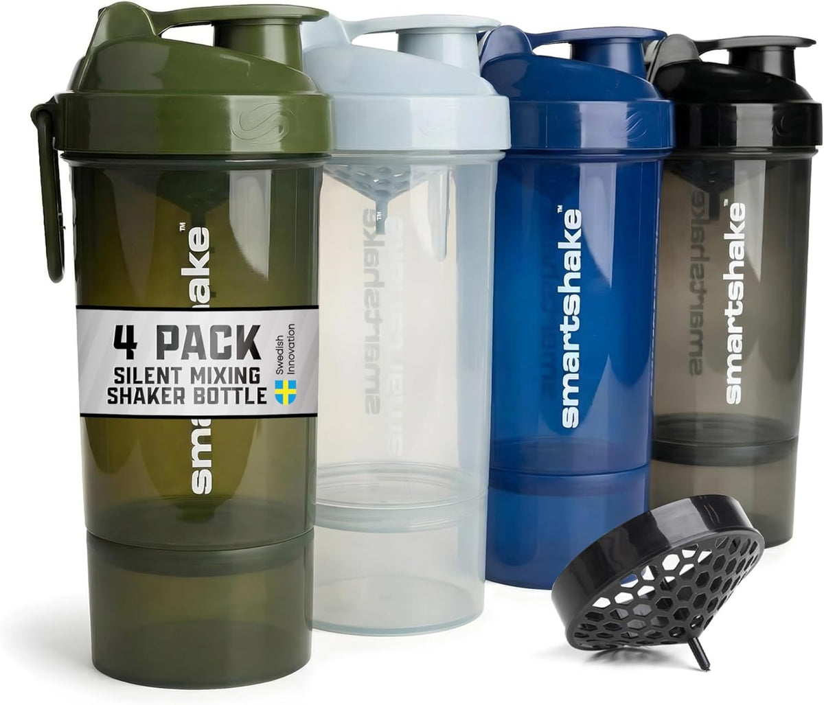 Smartshake O2GO 4er-Pack Protein Shaker Flasche mit Pulverfach 600 ml | 20 oz – Auslaufsicherer Schraubdeckel – BPA frei – Unisex Gym Shaker – Nebelgrau, Armeegrün, Schwarz, Marineblau