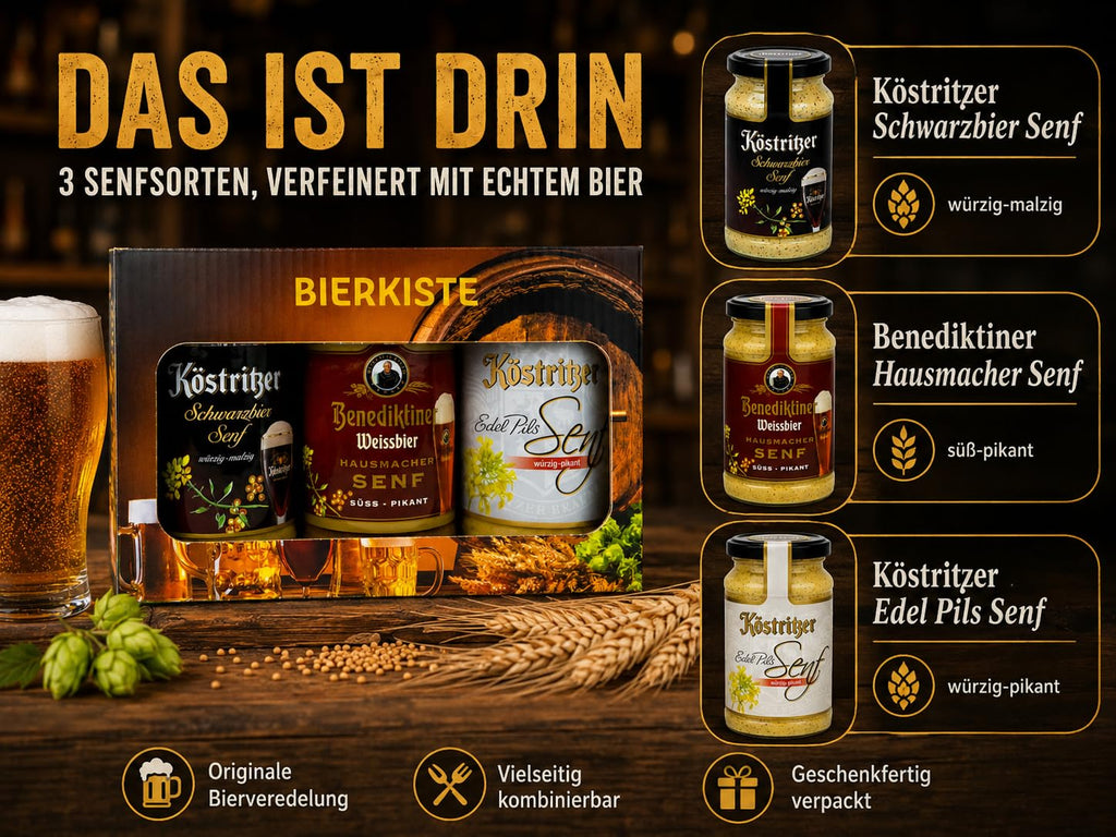 Altenburger Original Bierkiste - drei mit Bier verfeinerte Senfsorten als Geschenk-Set (3-teilig), Geschenkbox für Männer und Frauen