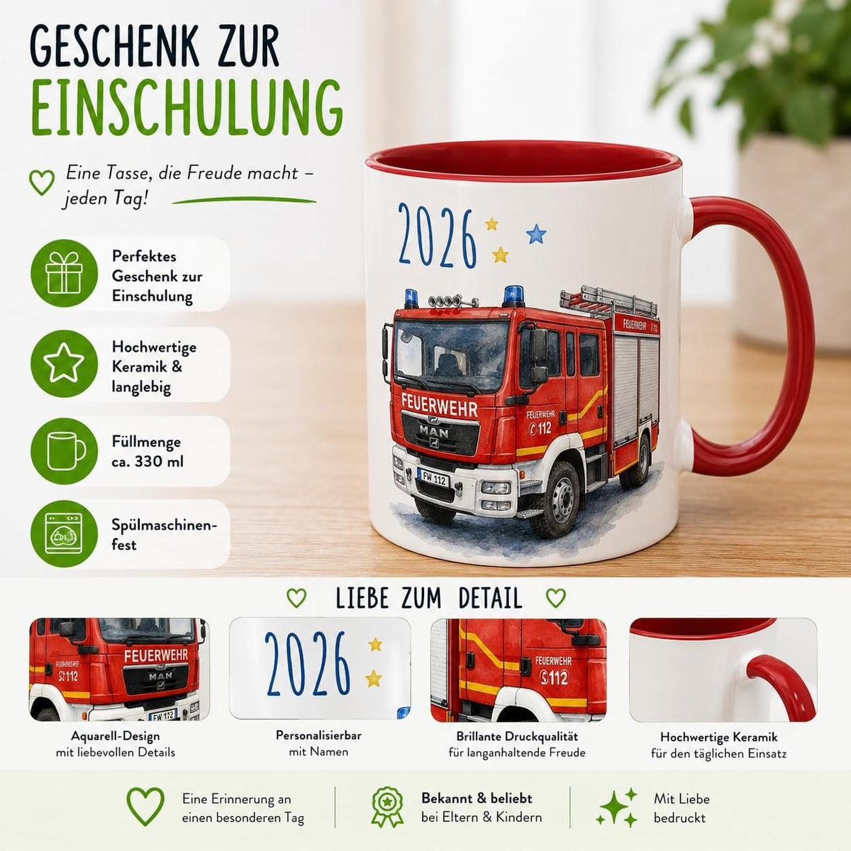 Namenstasse Personalisierte Einschulung Tasse Schulkind 2026 Polizei Motiv mit Wunschname 330ml Keramik spülmaschinenfest Geschenk Schultüte (Feuerwehr)