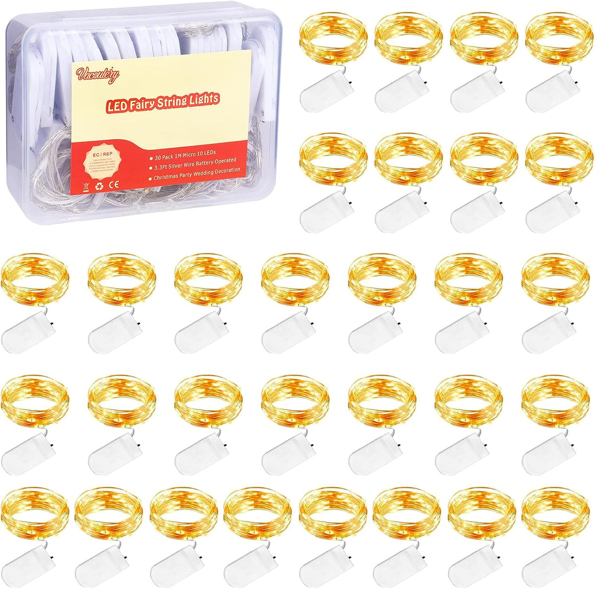 30 Stück Lichterkette Batterie 10 LED Lichterkette mit Batterie 1M LED Lichterketten 3.3FT Lichterketten für Innen Weihnachten Deko