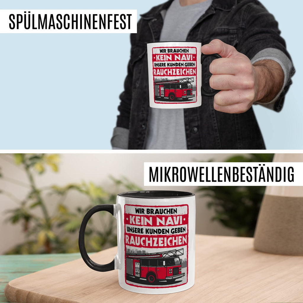 Feuerwehr Tasse Rauchzeichen Geschenkidee Witz Kaffeetasse mit lustigen Spruch Geschenk für Feuerwehrmann Kaffeebecher Feuerwehrauto Becher (Weiß & Rot)