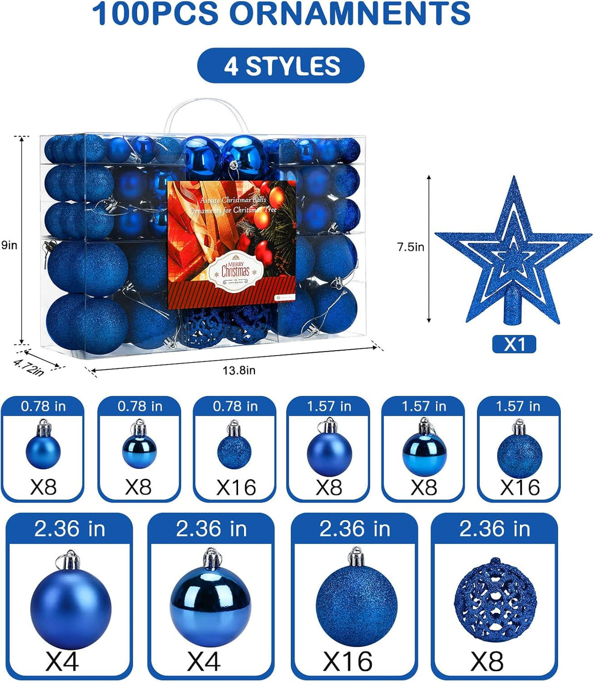 Aitsite 101 Stück Christbaumkugeln Blau Weihnachtskugeln 6CM/4 cm/2 cm Kunststoff Christbaumschmuck Wandbehang Ornamente Weihnachtsbaum Kugeln Flitter Tür Dekorationen Festival Dekore