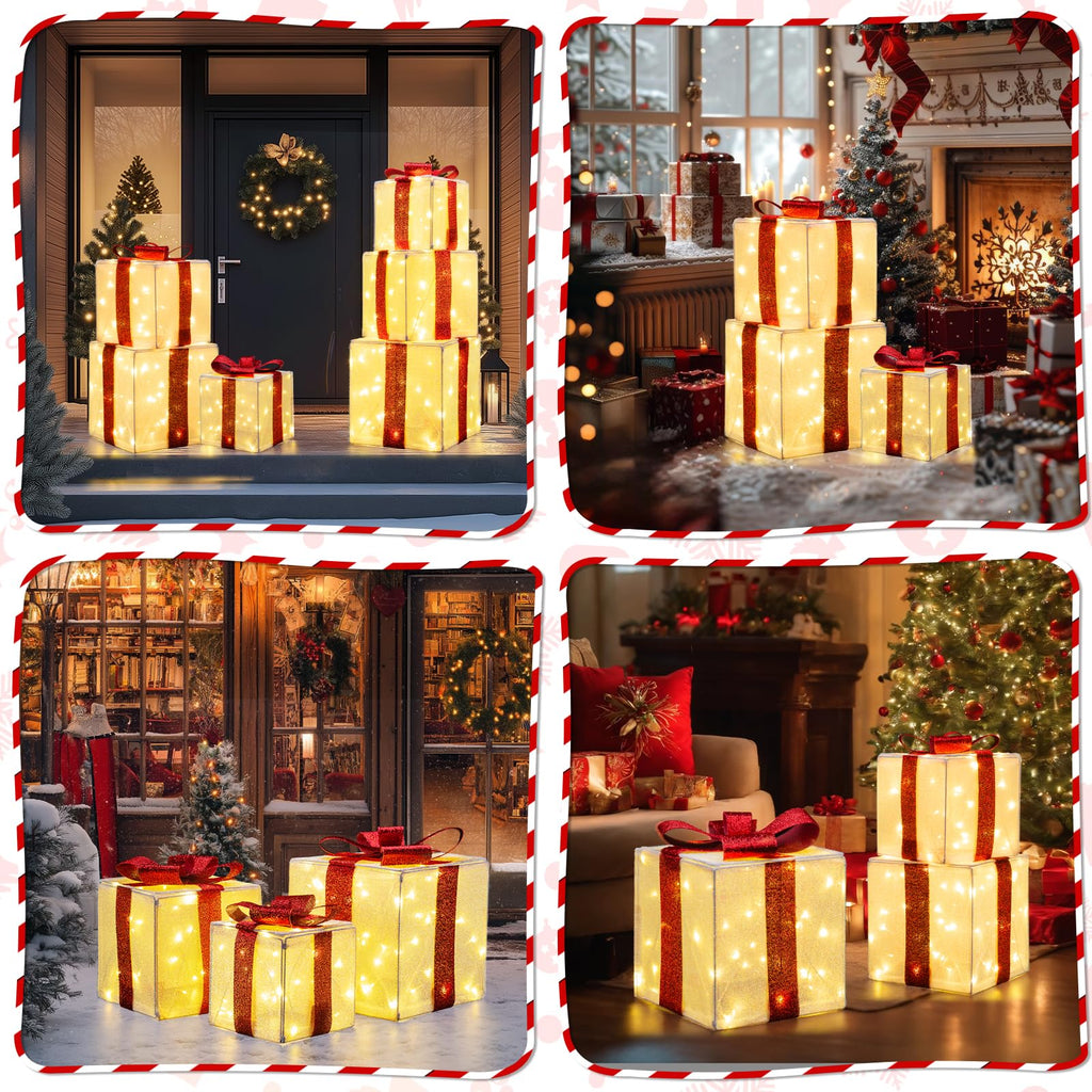 Quntis 3 Set LED Geschenkbox Weihnachtsdeko Innen Aussen 60 warmweiße LEDs