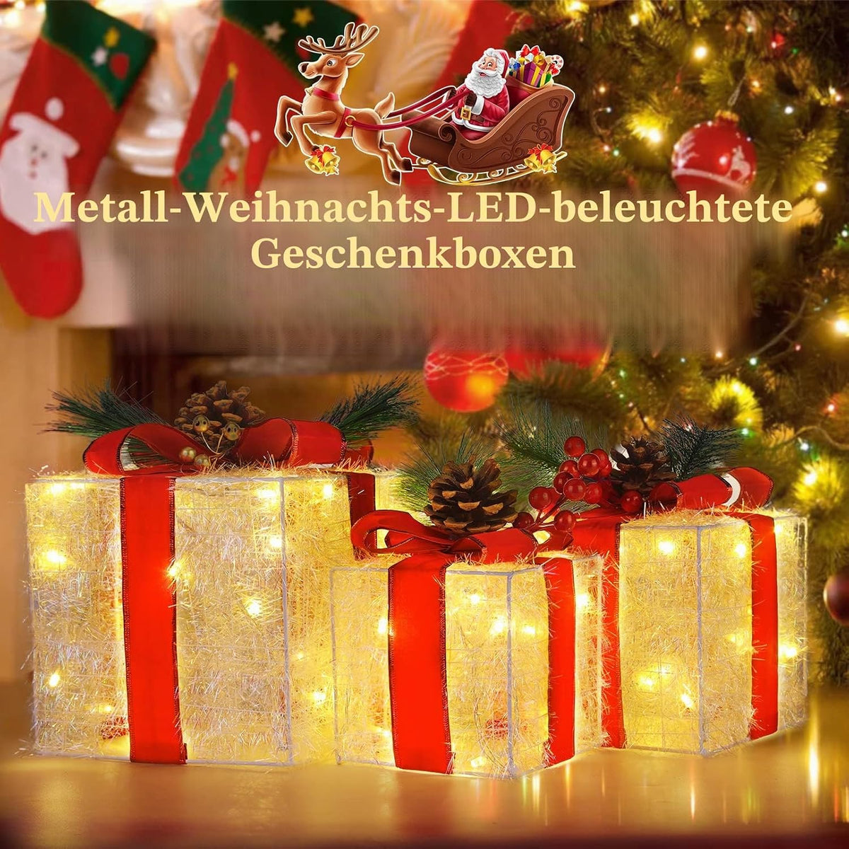 Quntis 3 Set LED Geschenkbox Weihnachtsdeko Innen Aussen 60 warmweiße LEDs