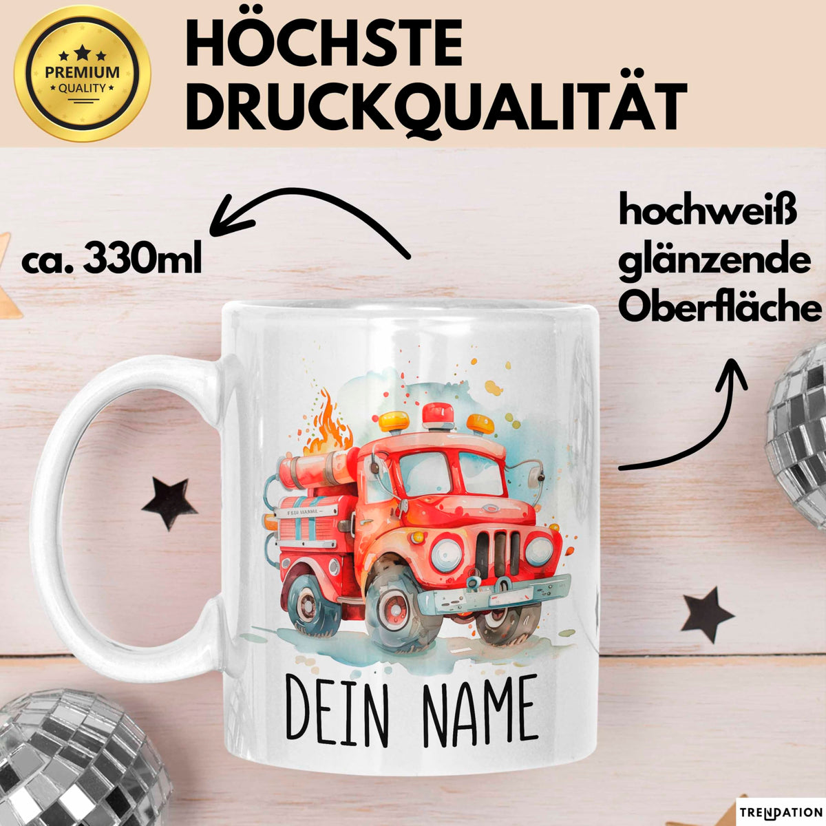 Feuerwehr Auto Tasse mit Namen – Personalisierte Tasse Geburtstag Geschenkidee süßes Feuerwehr Automotiv Namenstasse (Schwarz)