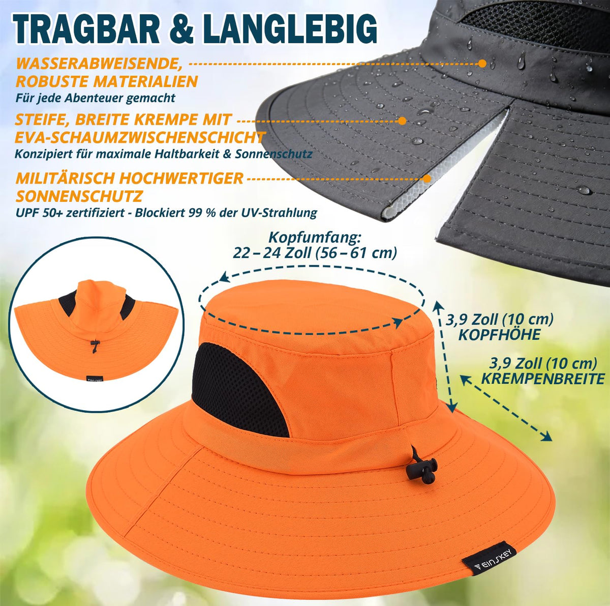 EINSKEY Breitkrempe Sonnenhut, wasserdichter Buschhut für Damen und Herren