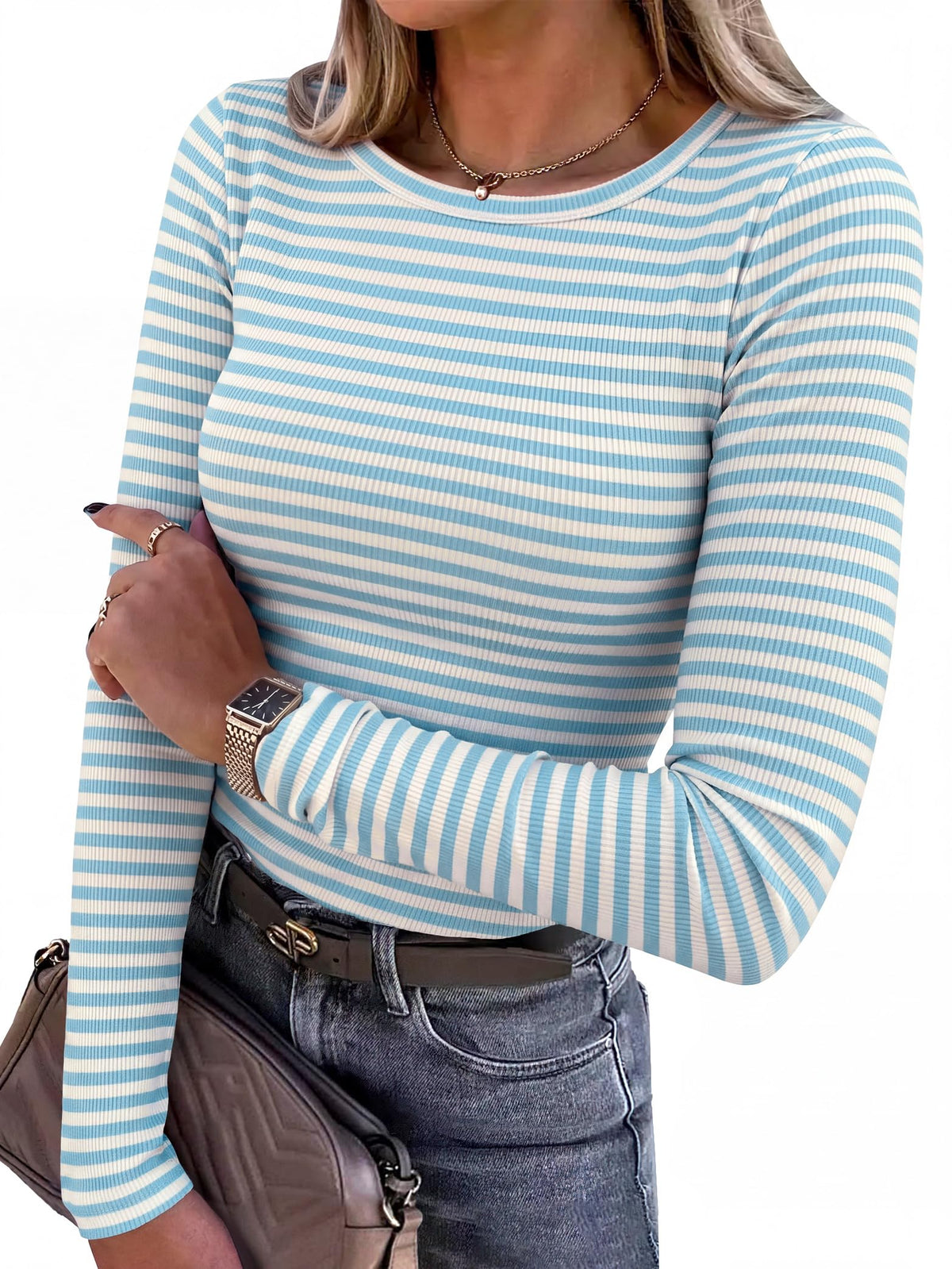 ANRABESS Women Long Sleeve Shirts Ribbed Fitted Tops