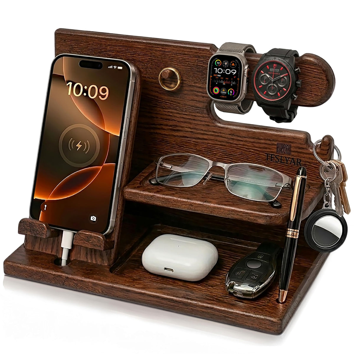 TESLYAR Organizer Schreibtisch Holz Handy Ladestation Männergeschenke Papa