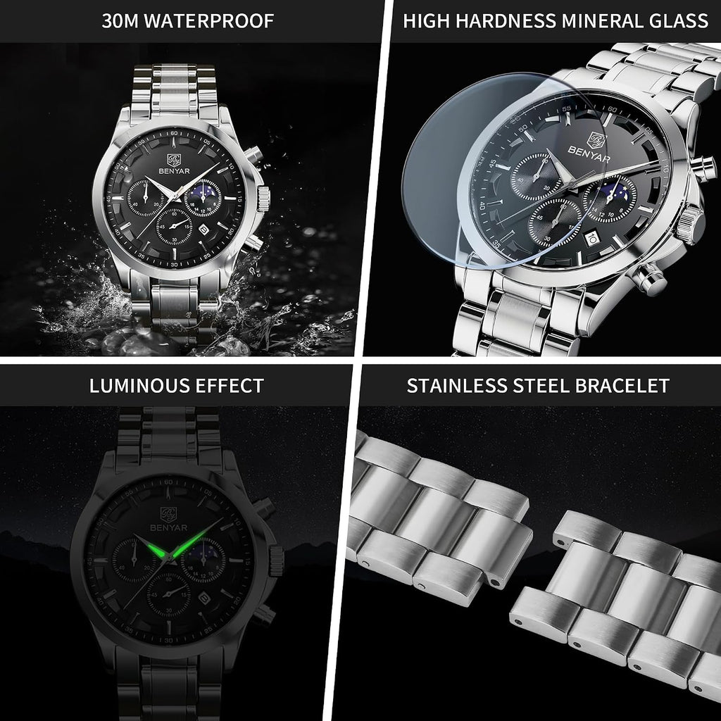 BENYAR BY Uhren Herren Chronograph Analog Quarz Wasserdicht Datum Armbanduhr Herren Mode Business-Kleid Herrenuhr Elegantes Geschenk fur Männer