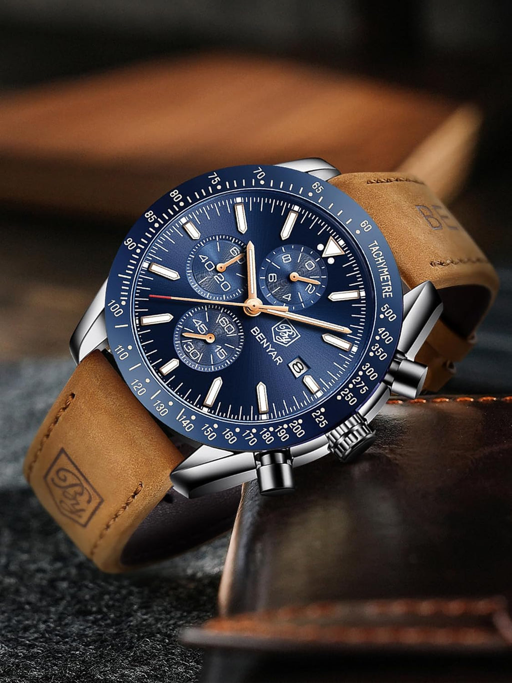 BENYAR Uhren Herren Analog Quarz Chronograph Herrenuhren Wasserdicht Datum Lederband Armbanduhr Lässig Business-Kleid fur Männer Klassische Elegantes Geschenk