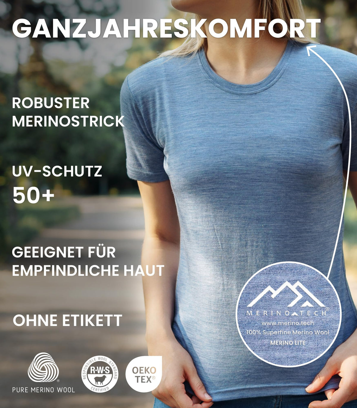 Merino.tech 100% Merino Shirt Damen Wandern & Alltag + Wandersocken