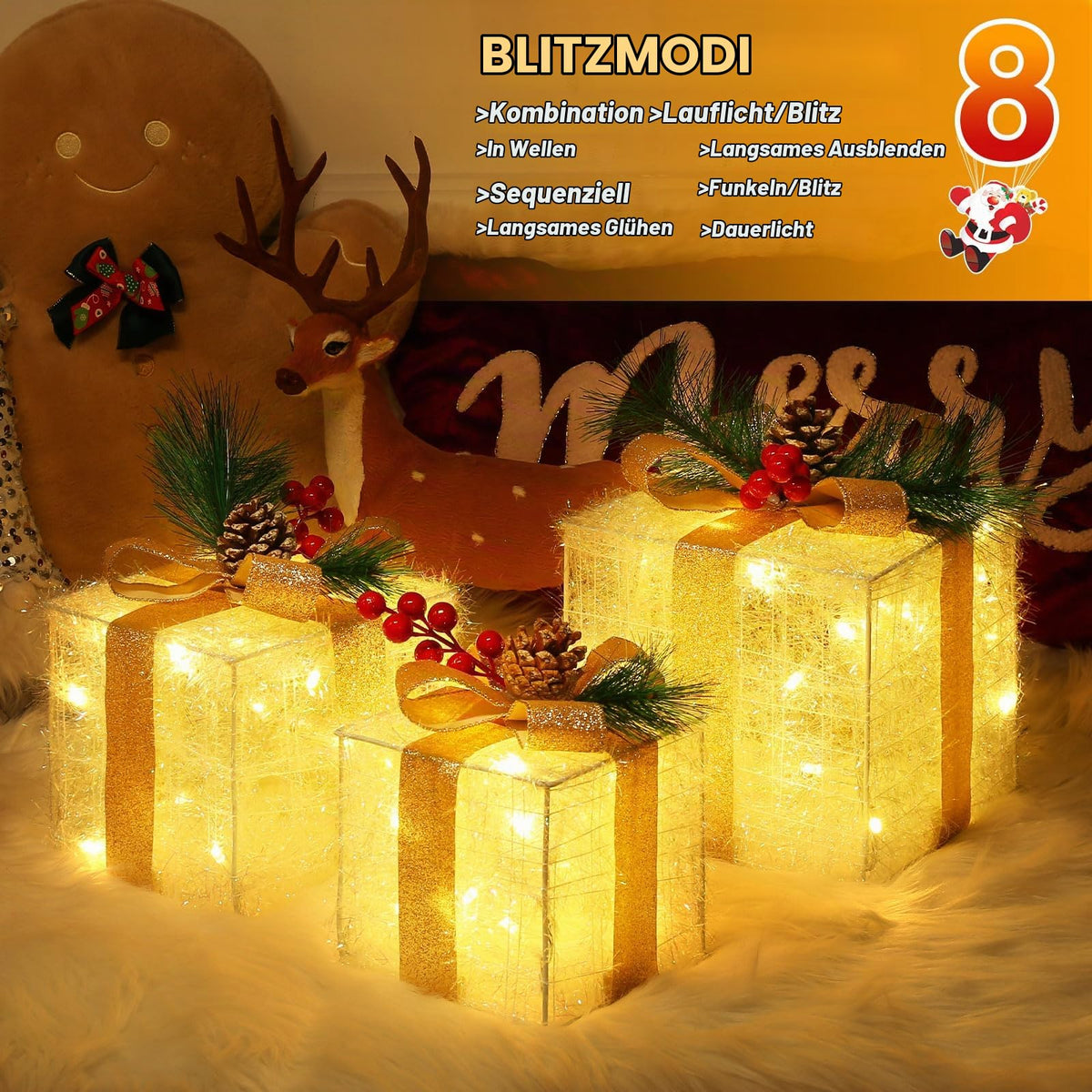 Quntis 3 Set LED Geschenkbox Weihnachtsdeko Innen Aussen 60 warmweiße LEDs