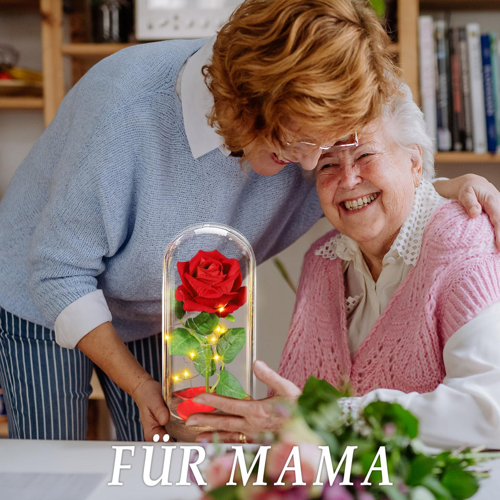 BOLEi Geschenke für Frauen,Ewige Rose im Glas mit LED(Klassisch Rot Rose)