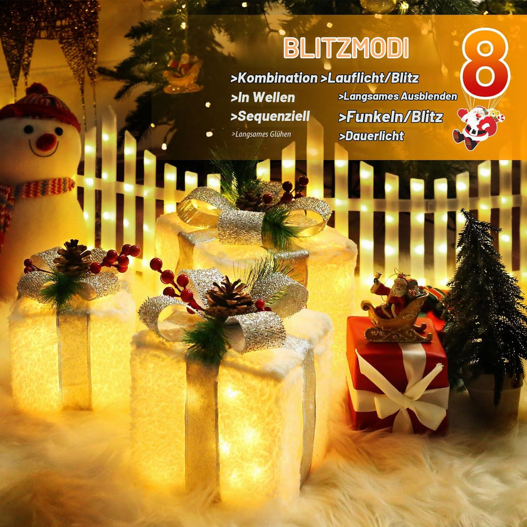 Quntis 3 Set LED Geschenkbox Weihnachtsdeko Innen Aussen 60 warmweiße LEDs