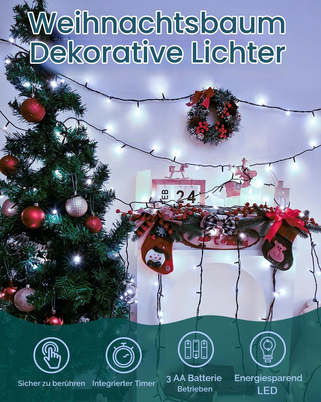 Dalugo 2 Stück Lichterkette Orange, 5M 50 LED Kabel grün mit 6h Timer, IP65 Wasserdicht Batterie für Innen außen dekorationen