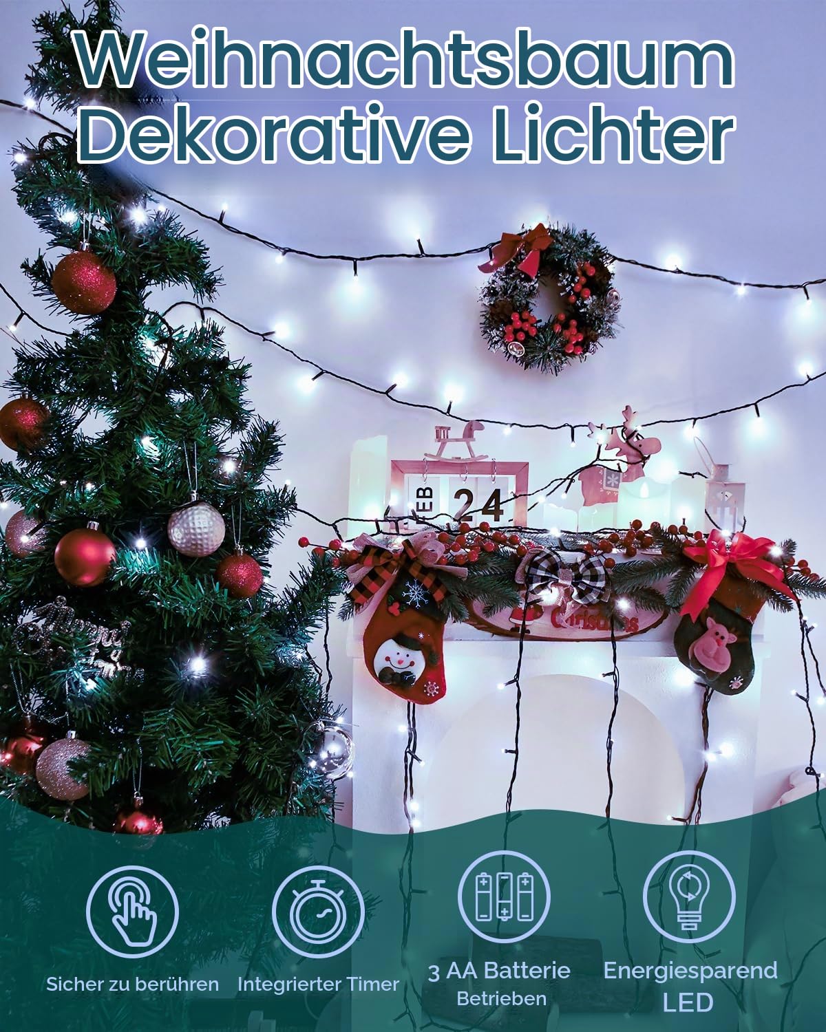 Dalugo 2 Stück Lichterkette Orange, 5M 50 LED Kabel grün mit 6h Timer, IP65 Wasserdicht Batterie für Innen außen dekorationen