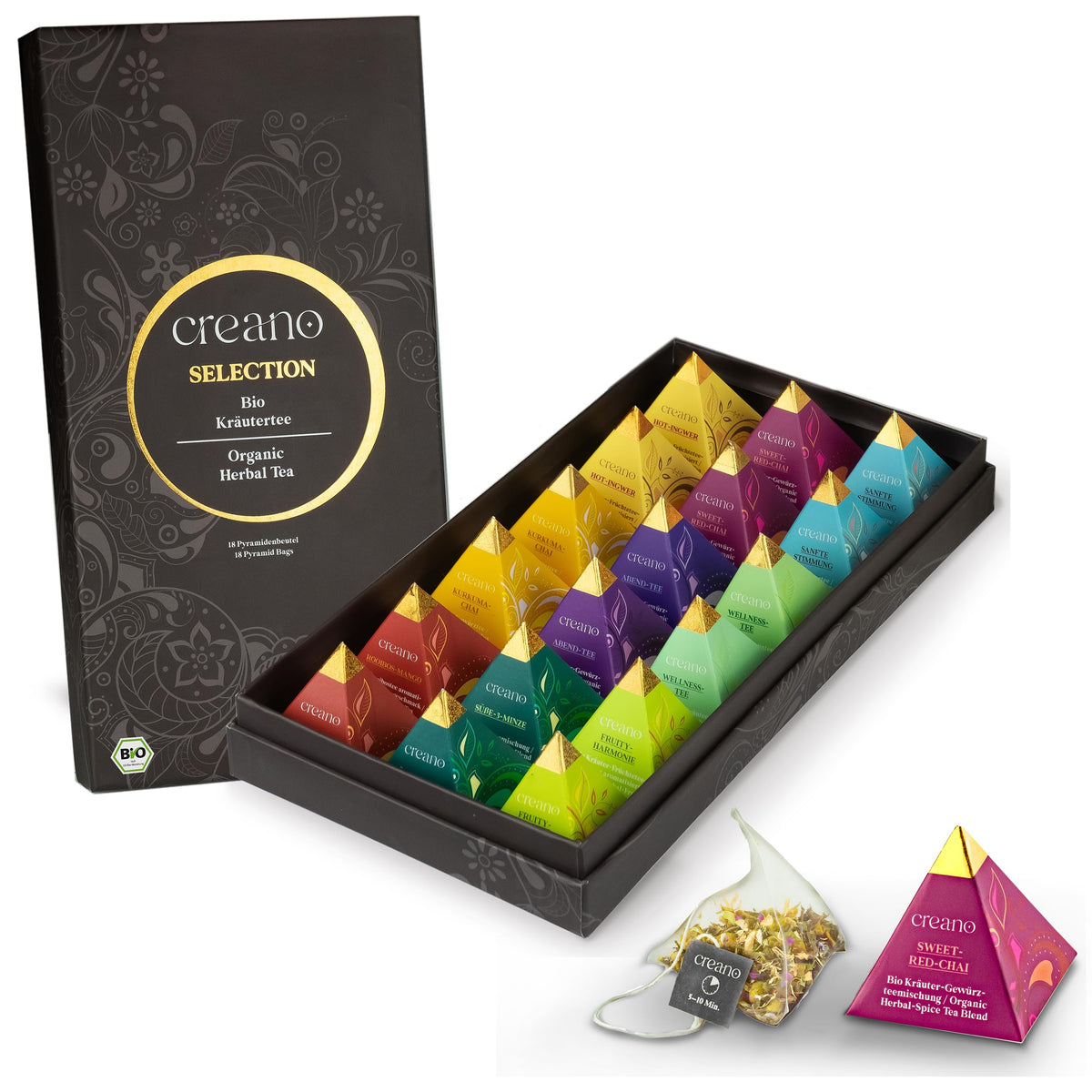 Creano Premium Bio Kräutertee Geschenkset „ORGANIC HERBAL TEA“ - 9 Pyramiden-Teebeutel in 9 unterschiedlichen Sorten - 22,5g - NEUHEIT 2024*