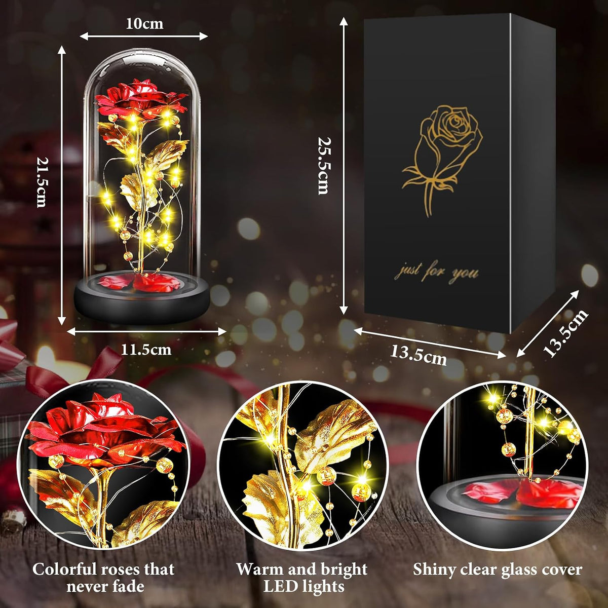 BOLEi Geschenke für Frauen,Ewige Rose im Glas mit LED(Klassisch Rot Rose)