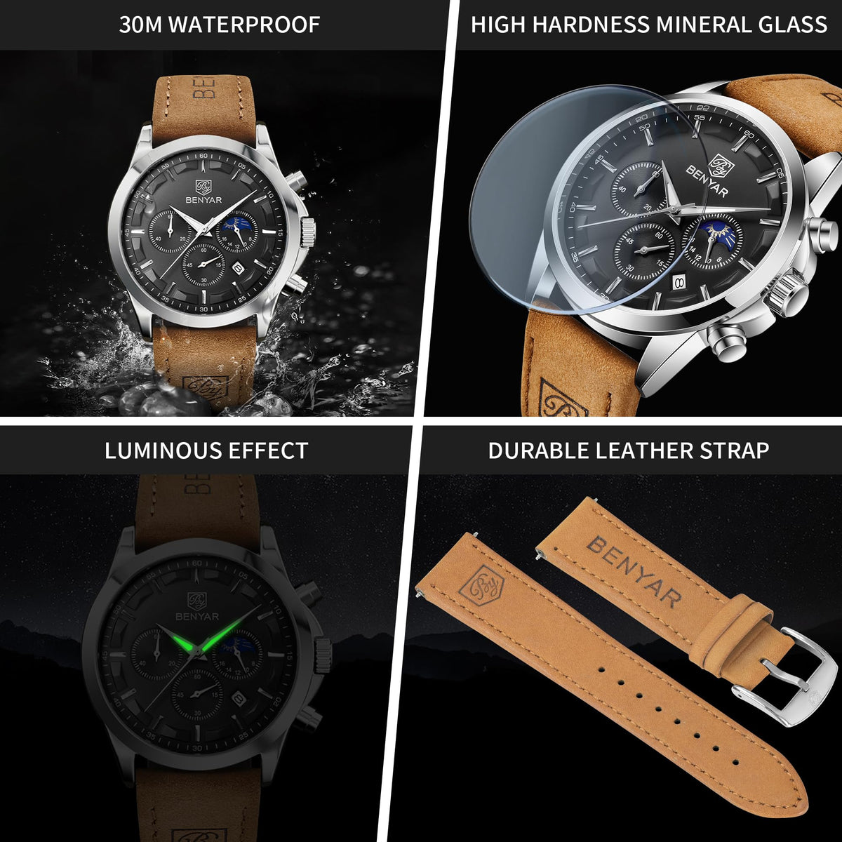 BENYAR BY Uhren Herren Chronograph Analog Quarz Wasserdicht Datum Armbanduhr Herren Mode Business-Kleid Herrenuhr Elegantes Geschenk fur Männer