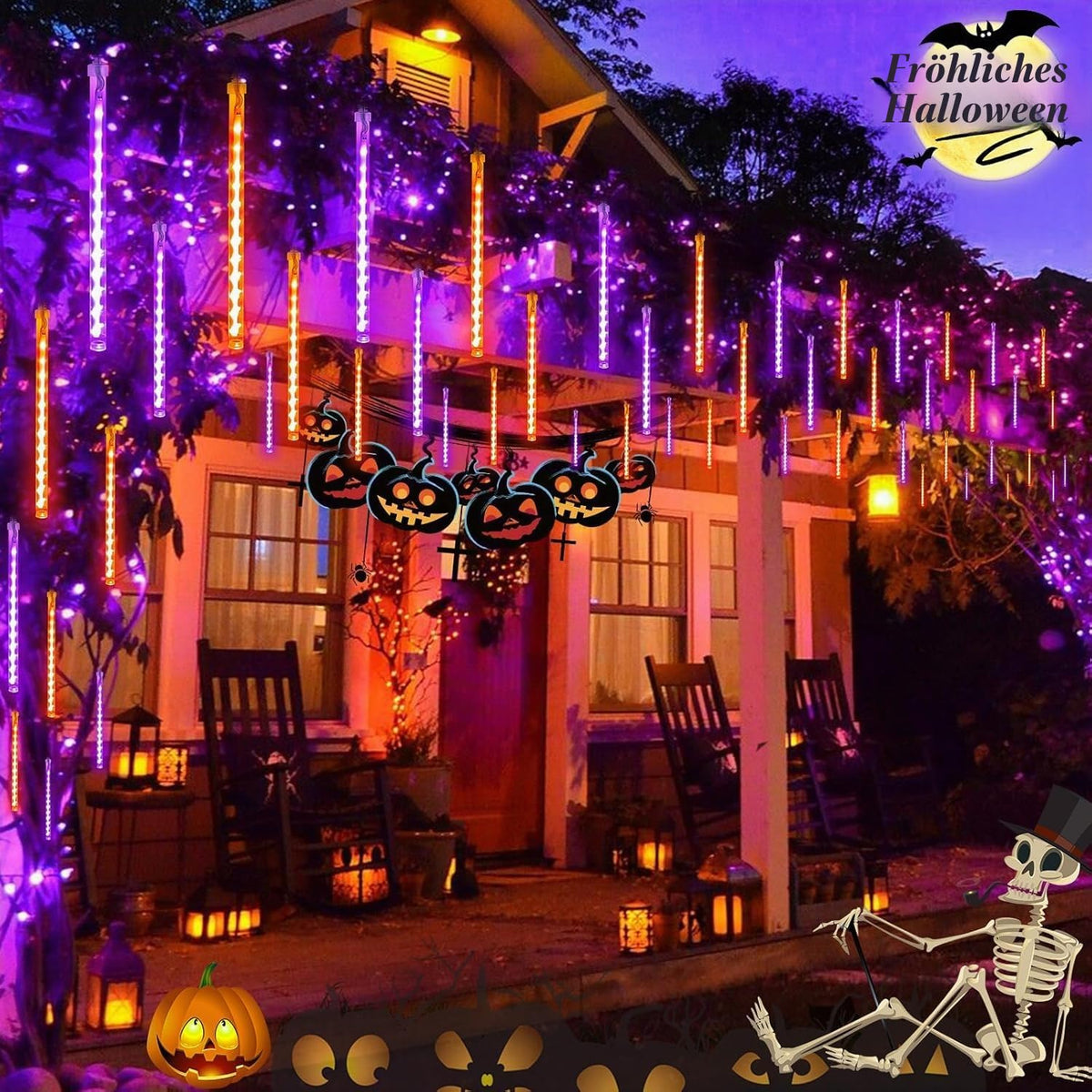 Kwaiffeo Weihnachtsdeko,10 Röhren LED Meteorschauer Lichterkette Außen, Wasserdichte Fallende Regen Lichter für Weihnachten Halloween Weihnachtsbaum Hochzeit Garten Fenster, Mehrfarbig