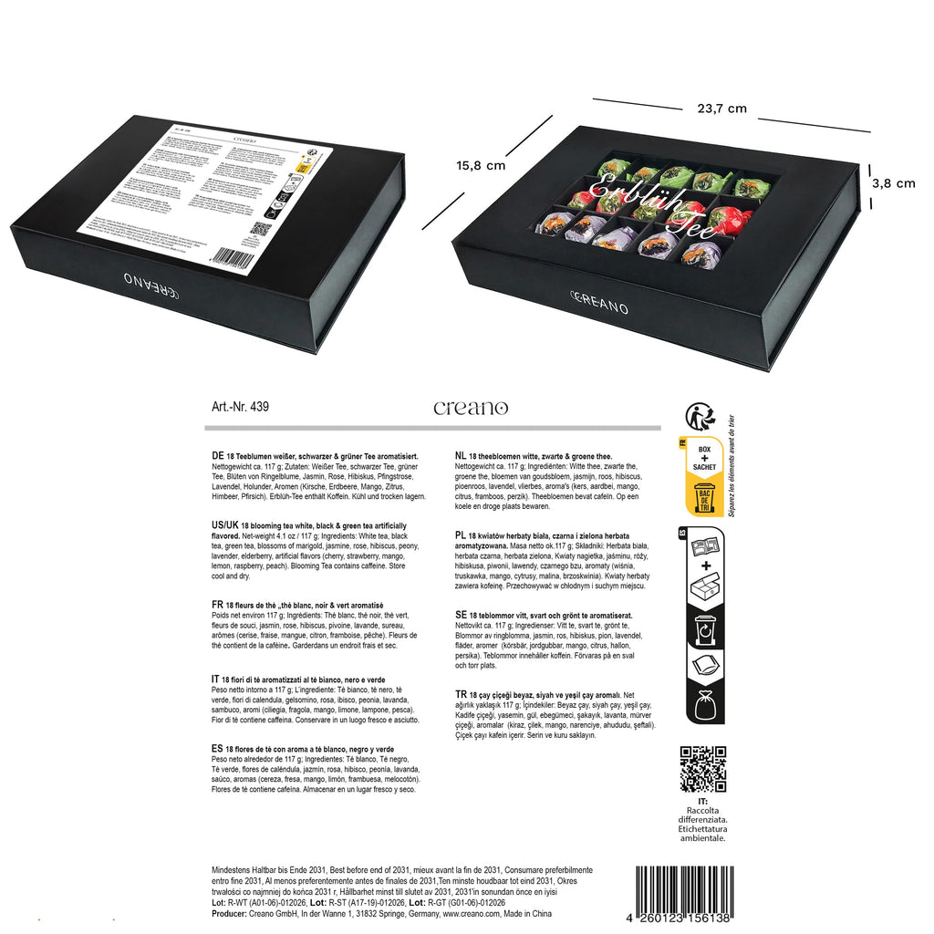 Creano 6 Teeblumen Geschenkbox weißer, schwarzer & grüner Tee in edler Magnetbox mit Silberprägung - 6 verschiedene Sorten - Geschenk zu Weihnachten