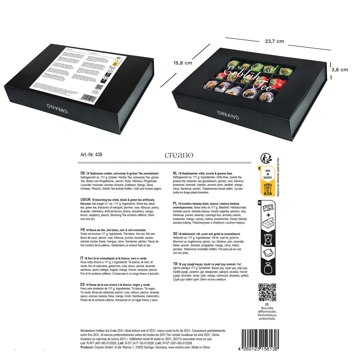 Creano 6 Teeblumen Geschenkbox weißer, schwarzer & grüner Tee in edler Magnetbox mit Silberprägung - 6 verschiedene Sorten - Geschenk zu Weihnachten