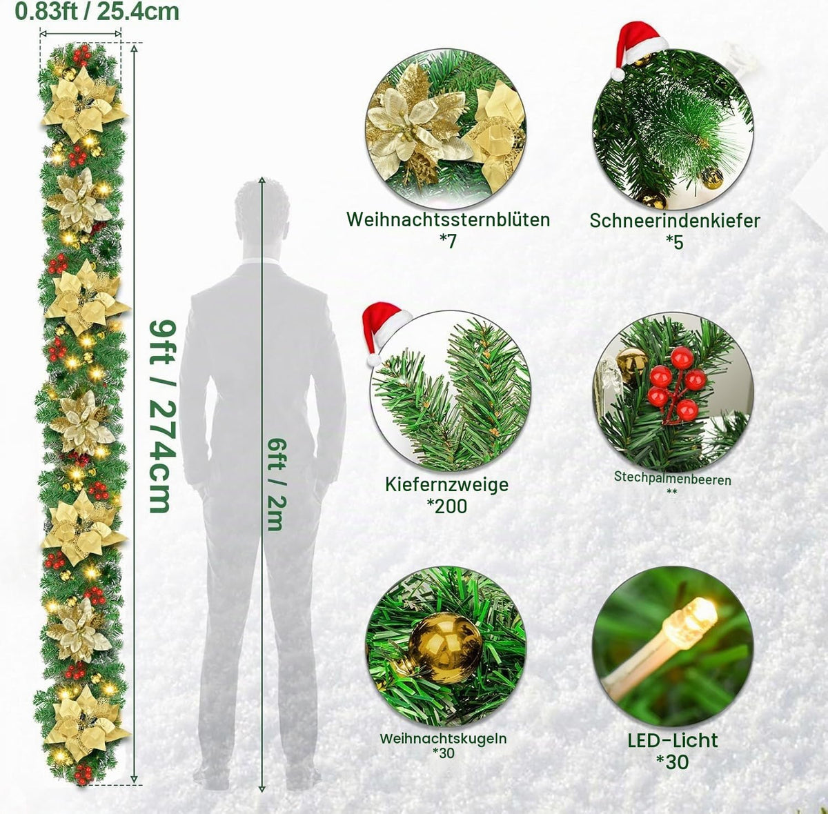 Weihnachtsgirlande mit Beleuchtung - Weihnachtsgirlande - 270cm Weihnachtsgirlande Weihnachtskranz Tannengirlande Weihnachtsdeko Beleuchtet Künstlich Weihnachten Dekoration