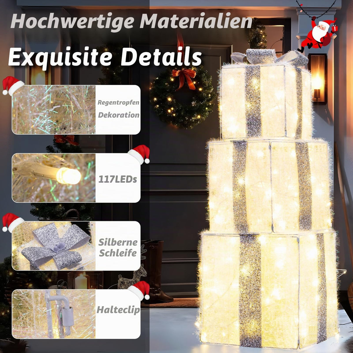 Quntis 3 Set LED Geschenkbox Weihnachtsdeko Innen Aussen 60 warmweiße LEDs