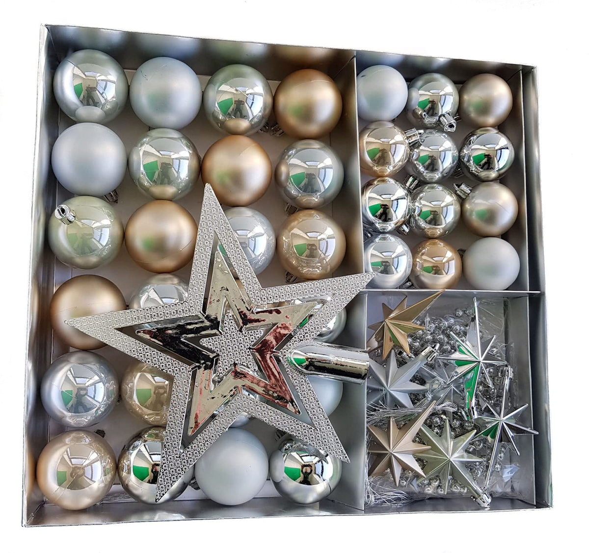 Weihnachtsbaumschmuck Set - 45 teilig in Rosatönen - 36 Kugeln, Weihnachtsbumspitze, Dekosterne und Kette
