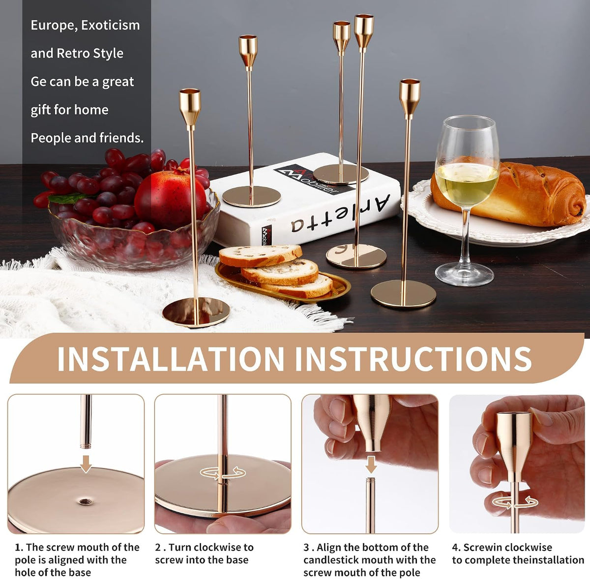 Kerzenständer Gold 6 Set,Kerzenständer Stabkerzen 33/29/23cm,Metall KegelKerzenleuchter Vintage Dekoration,Hochzeit Kerze Stand,Geeignet für Romantisches Candle Light Dinner,Jubiläum,Hochzeitsfeier