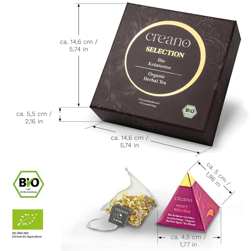 Creano Premium Bio Kräutertee Geschenkset „ORGANIC HERBAL TEA“ - 9 Pyramiden-Teebeutel in 9 unterschiedlichen Sorten - 22,5g - NEUHEIT 2024*