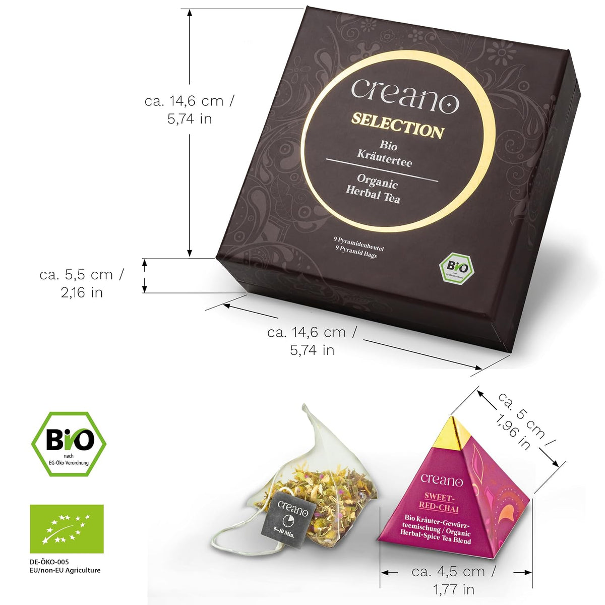 Creano Premium Bio Kräutertee Geschenkset „ORGANIC HERBAL TEA“ - 9 Pyramiden-Teebeutel in 9 unterschiedlichen Sorten - 22,5g - NEUHEIT 2024*