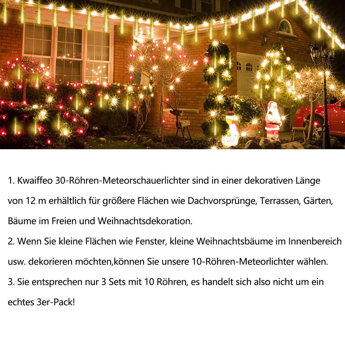 Kwaiffeo Weihnachtsdeko,10 Röhren LED Meteorschauer Lichterkette Außen, Wasserdichte Fallende Regen Lichter für Weihnachten Halloween Weihnachtsbaum Hochzeit Garten Fenster, Mehrfarbig