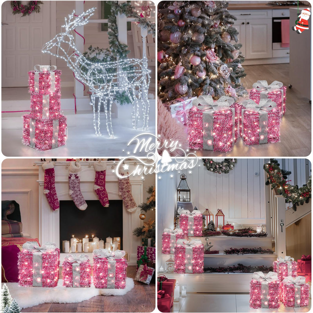 Quntis 3 Set LED Geschenkbox Weihnachtsdeko Innen Aussen 60 warmweiße LEDs