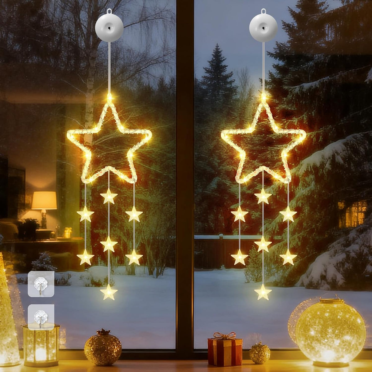 LED Sterne Weihnachtsbeleuchtung, 2 Stück Weihnachtsstern Fenster Lichterkette, Warmweiß Lichtervorhang Innen Batteriebetriebene mit Timer,8 Modi für Weihnachtsdeko Balkon Fest Party Hochzeit
