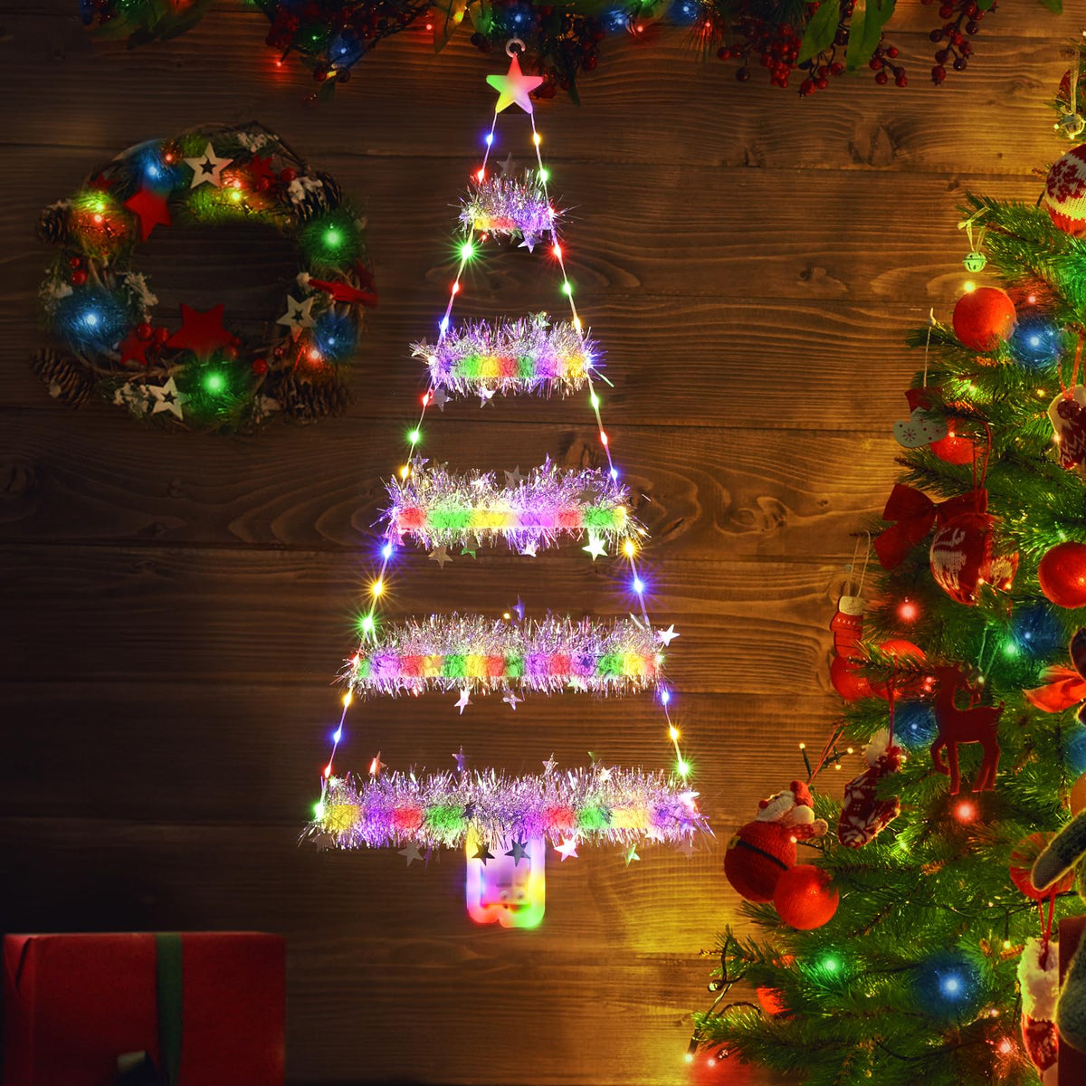 Geemoo Weihnachtsbeleuchtung Außen Batterie, 81cm Weihnachtsbaum Leiter Lichterkette mit Lametta Girlande, Timer, 8 Modi, Warmweiß Fensterlicht für Innen, Fenster, Party, Hochzeit, Tür, Weihnachtsdeko