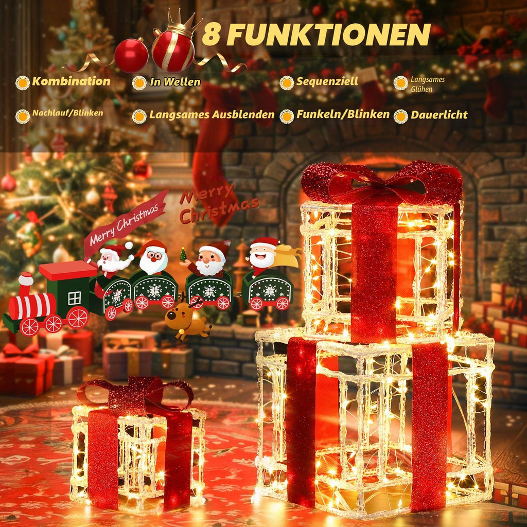 Quntis 3 Set LED Geschenkbox Weihnachtsdeko Innen Aussen 60 warmweiße LEDs