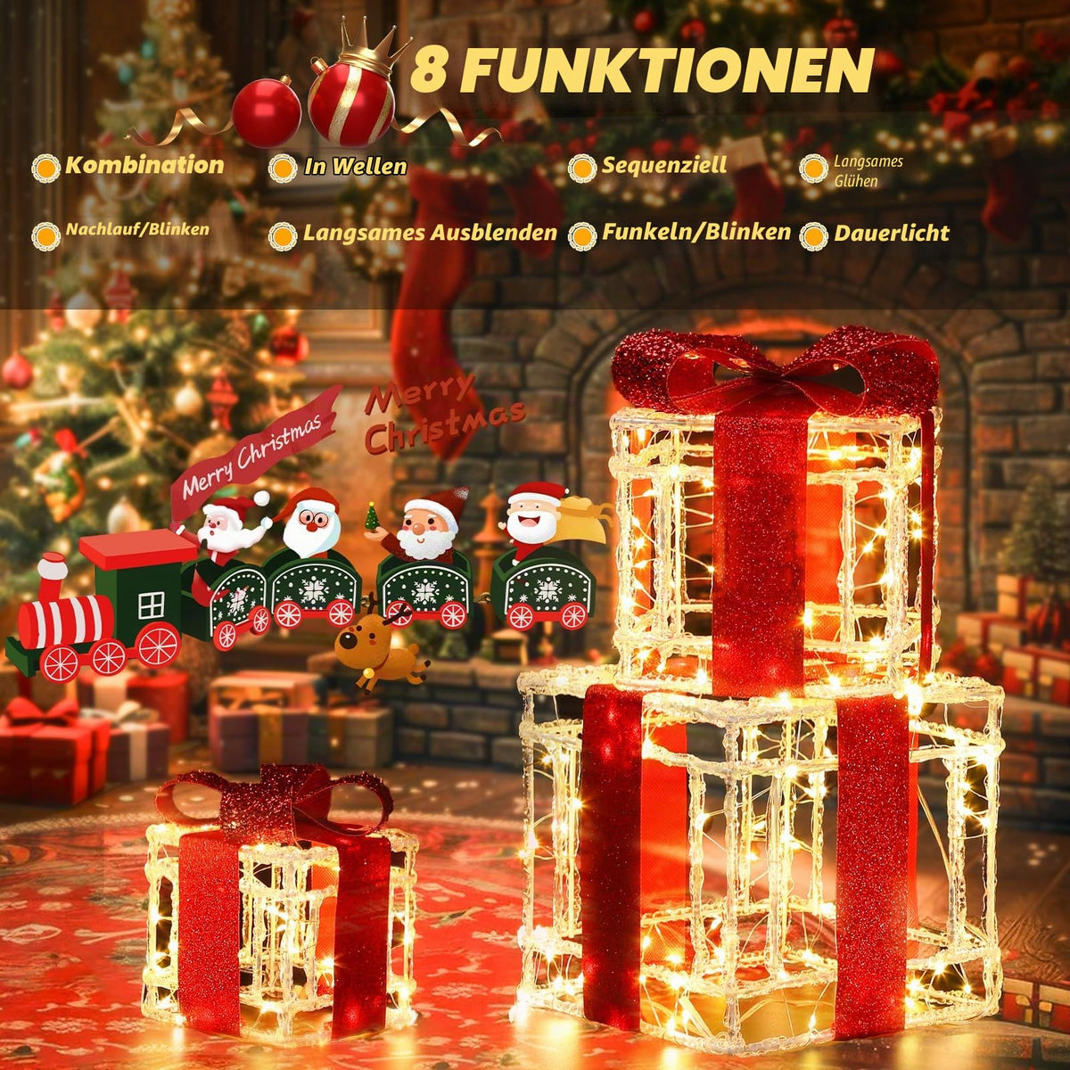 Quntis 3 Set LED Geschenkbox Weihnachtsdeko Innen Aussen 60 warmweiße LEDs