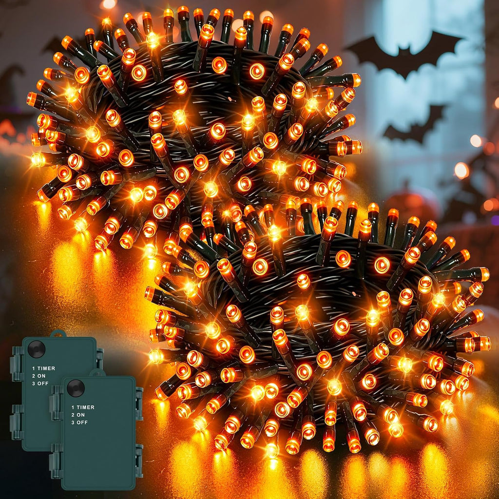 Dalugo 2 Stück Lichterkette Orange, 5M 50 LED Kabel grün mit 6h Timer, IP65 Wasserdicht Batterie für Innen außen dekorationen