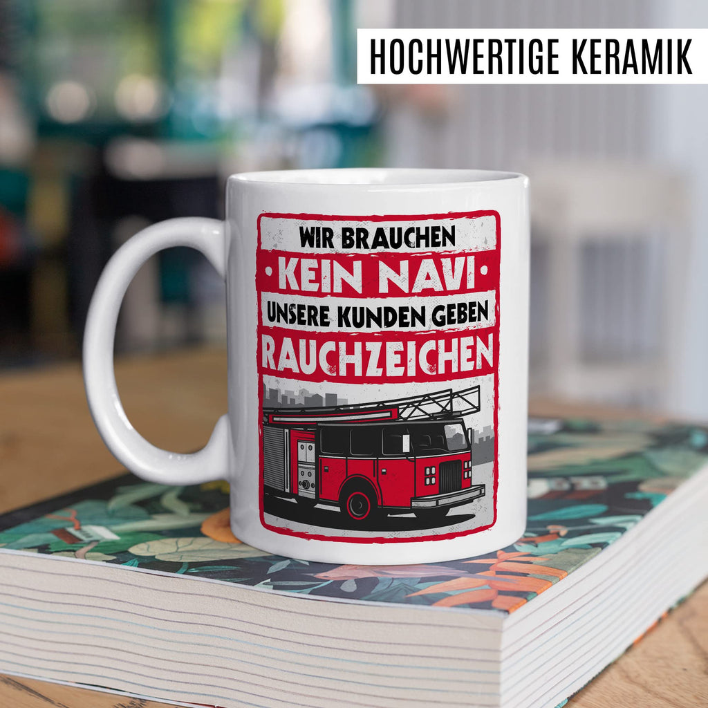 Feuerwehr Tasse Rauchzeichen Geschenkidee Witz Kaffeetasse mit lustigen Spruch Geschenk für Feuerwehrmann Kaffeebecher Feuerwehrauto Becher (Weiß & Rot)