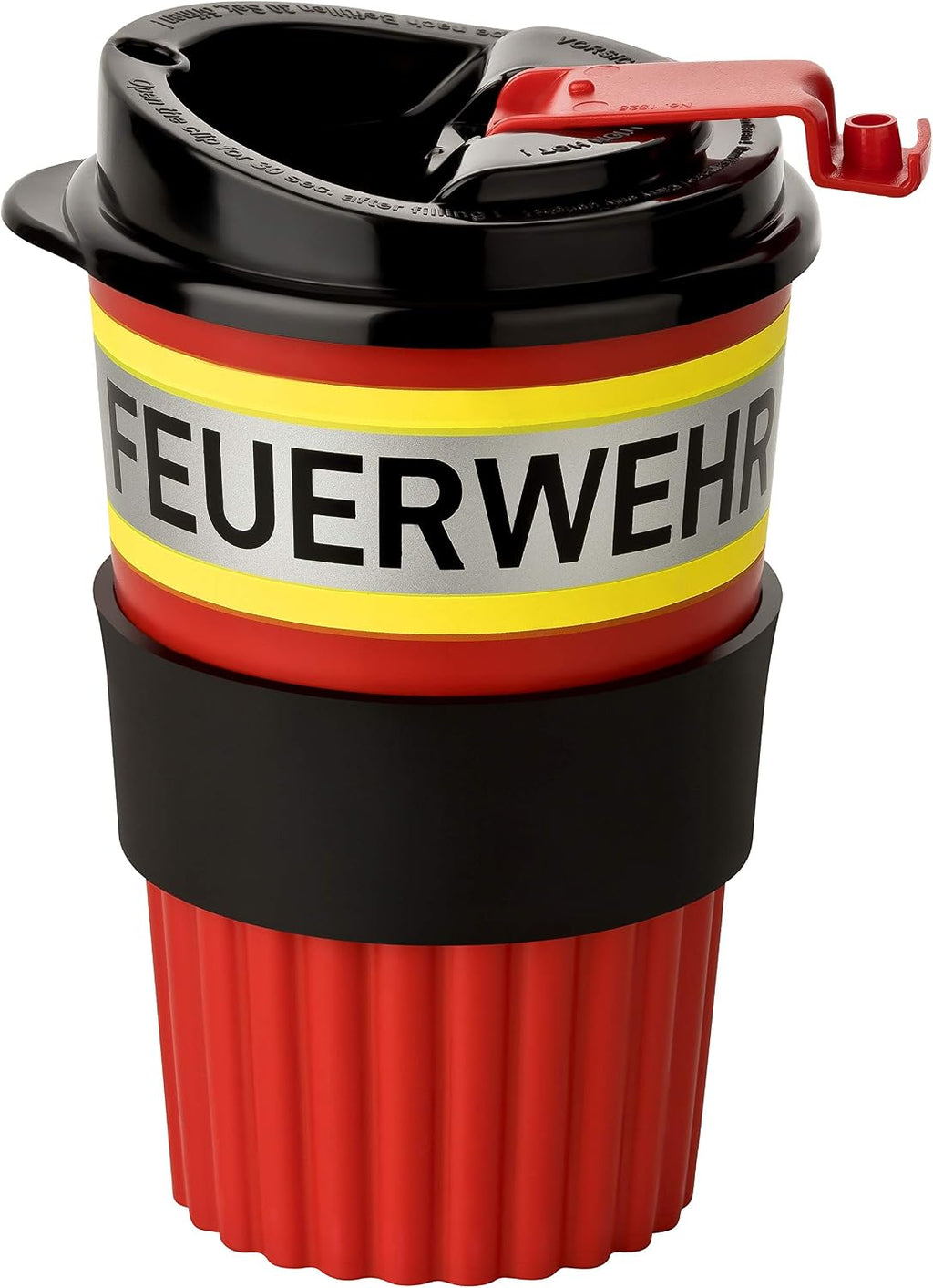 PACOTEX FEUERWEHR To-Go Coffee Becher rot mit gelb-silber-gelb Streifen in Feuerwehroptik, 350ml, mit griffiger Softmanchette