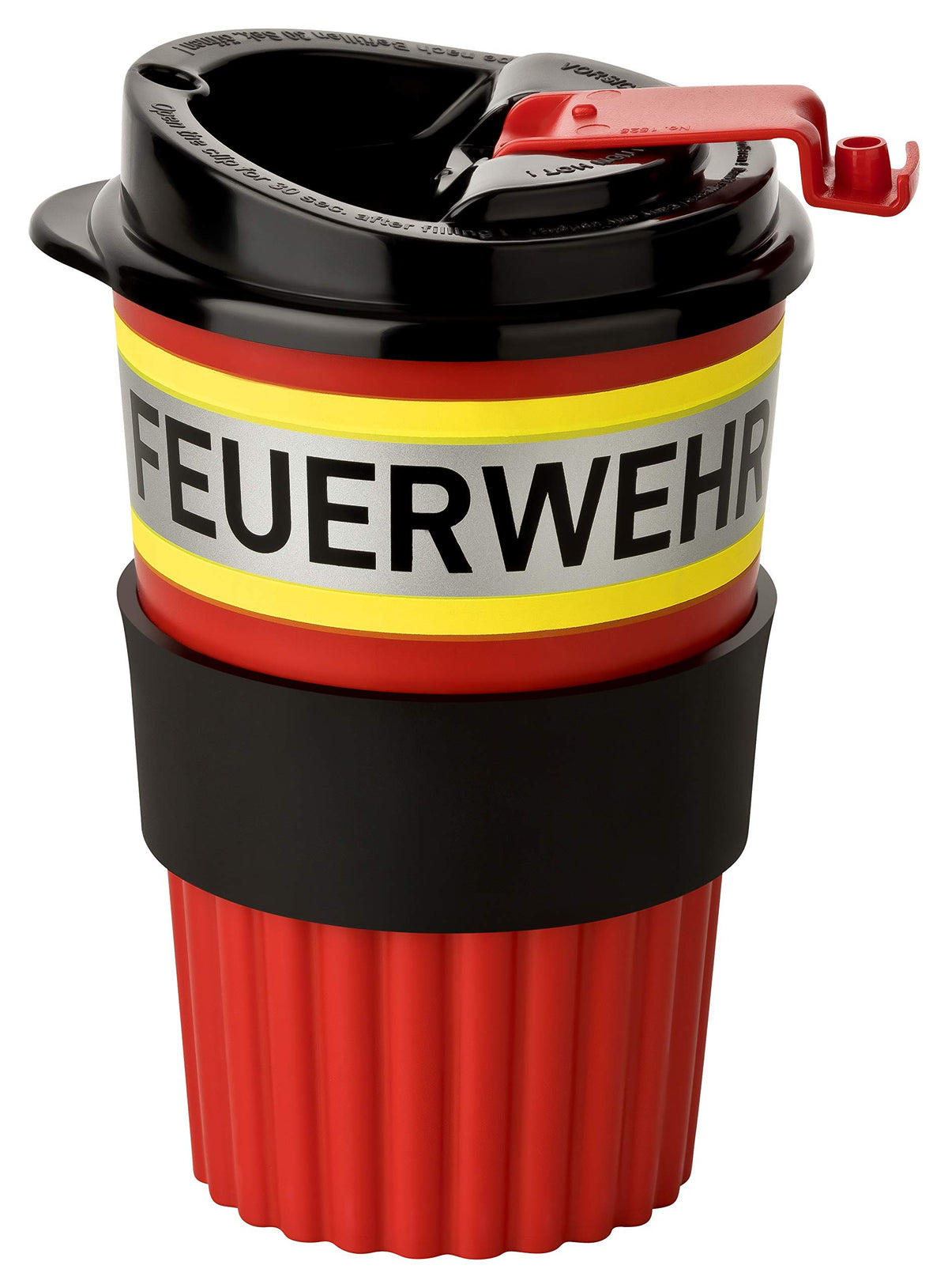 PACOTEX FEUERWEHR To-Go Coffee Becher rot mit gelb-silber-gelb Streifen in Feuerwehroptik, 350ml, mit griffiger Softmanchette