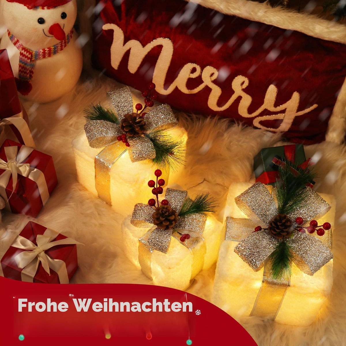 Quntis 3 Set LED Geschenkbox Weihnachtsdeko Innen Aussen 60 warmweiße LEDs
