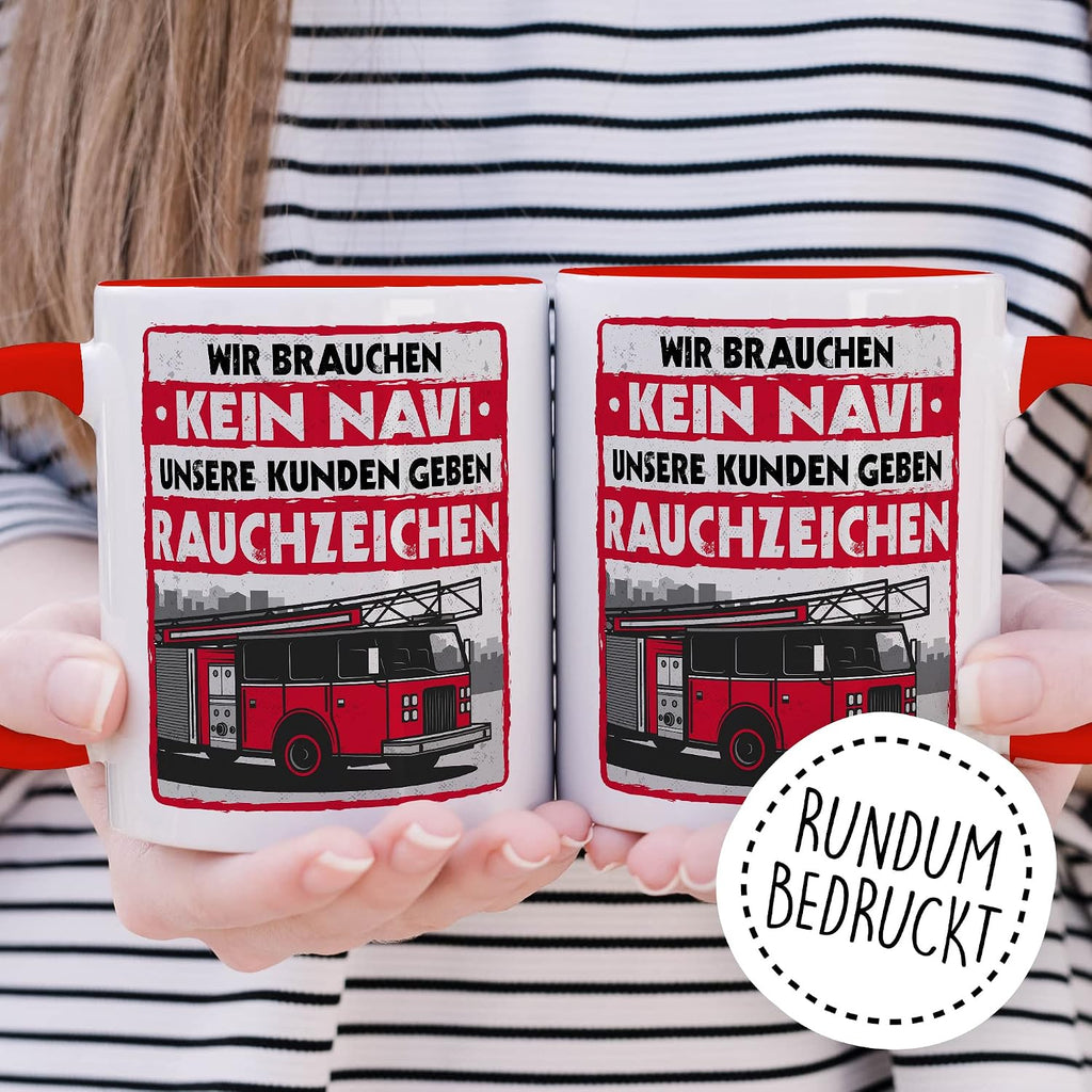 Feuerwehr Tasse Rauchzeichen Geschenkidee Witz Kaffeetasse mit lustigen Spruch Geschenk für Feuerwehrmann Kaffeebecher Feuerwehrauto Becher (Weiß & Rot)