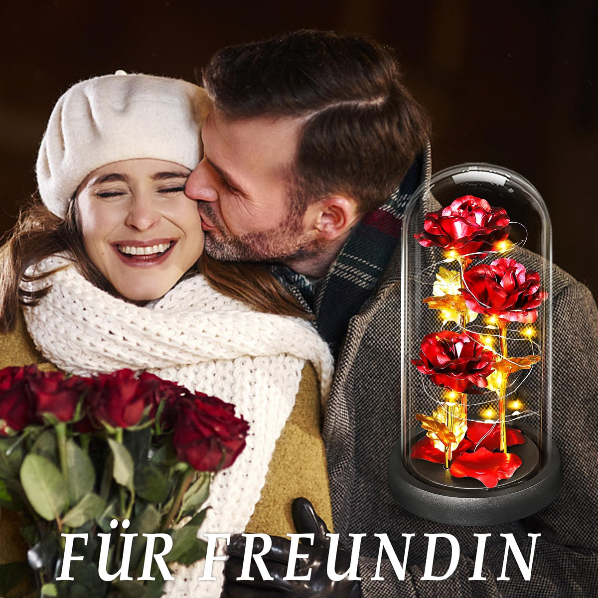 BOLEi Geschenke für Frauen,Ewige Rose im Glas mit LED(Klassisch Rot Rose)