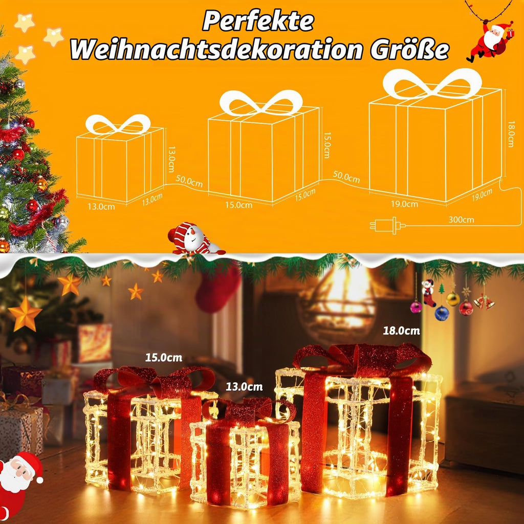 Quntis 3 Set LED Geschenkbox Weihnachtsdeko Innen Aussen 60 warmweiße LEDs