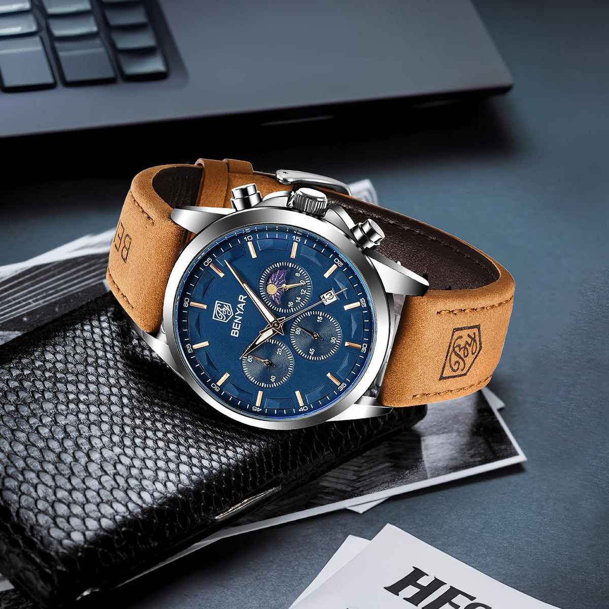 BENYAR BY Uhren Herren Chronograph Analog Quarz Wasserdicht Datum Armbanduhr Herren Mode Business-Kleid Herrenuhr Elegantes Geschenk fur Männer