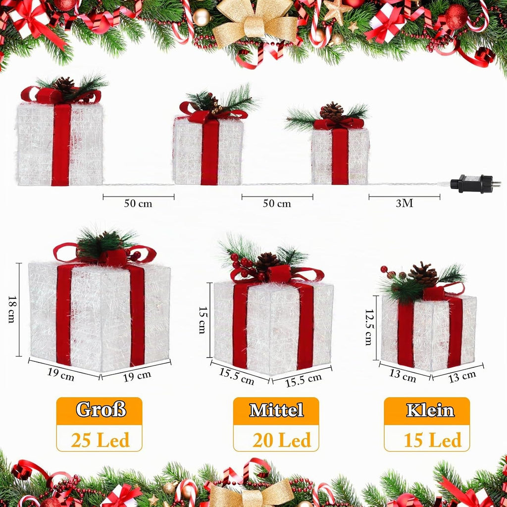 Quntis 3 Set LED Geschenkbox Weihnachtsdeko Innen Aussen 60 warmweiße LEDs