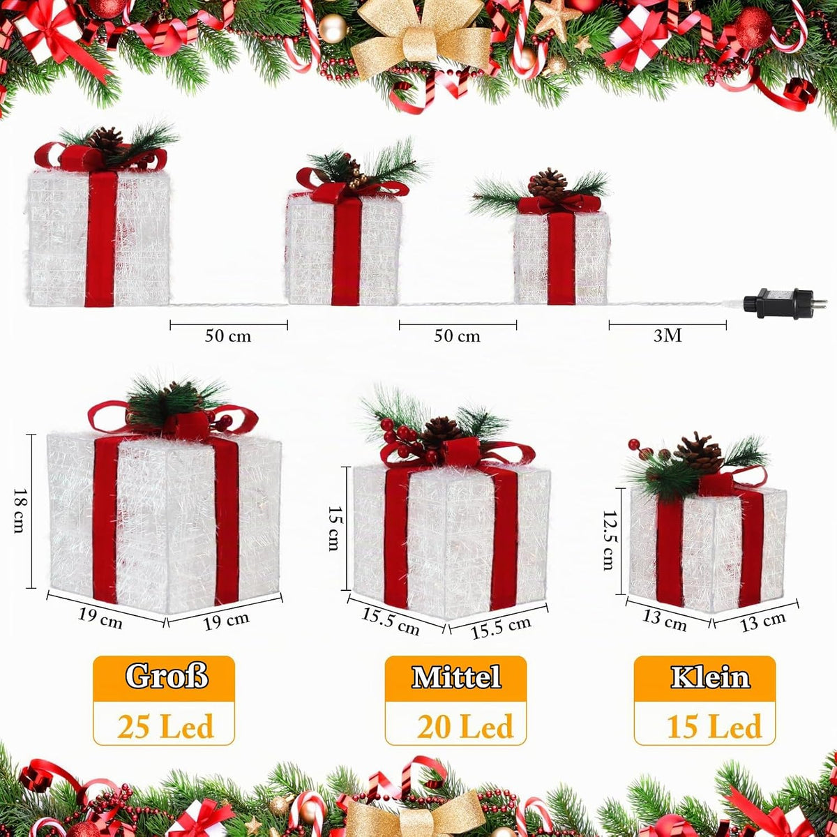Quntis 3 Set LED Geschenkbox Weihnachtsdeko Innen Aussen 60 warmweiße LEDs
